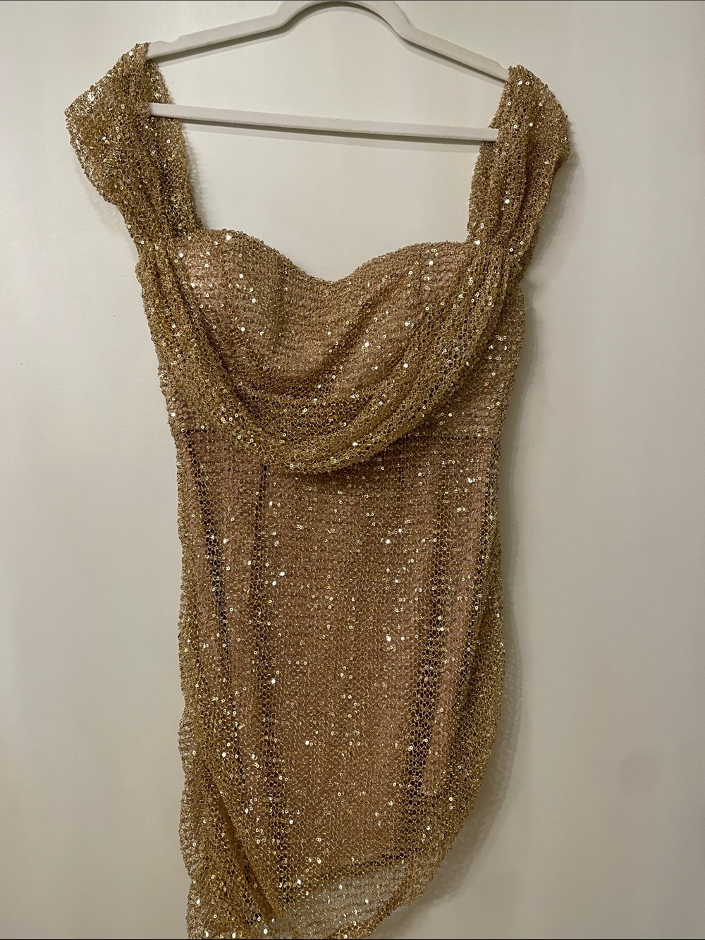 Fashion Nova Shimmering Gold Sequin Draped Mini Dress